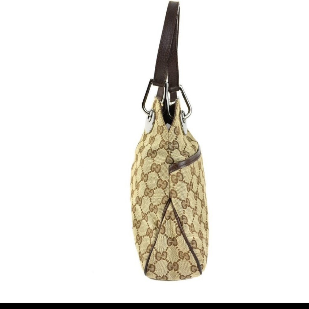 GUCCI: Beige, "GG" Logo & Brown Leather Logo Tote/Shoulder Bag - Picture 3 of 9
